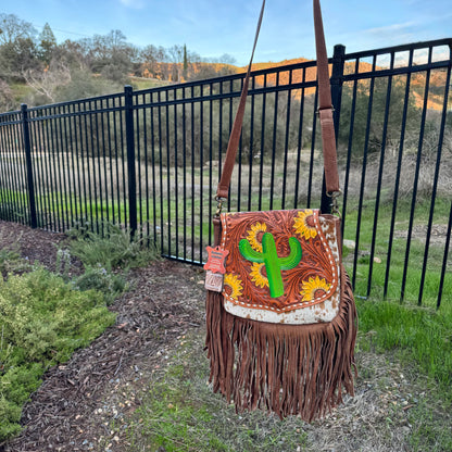 Large American Darling Genuine Leather & Cowhide Cactus Fringe Purse