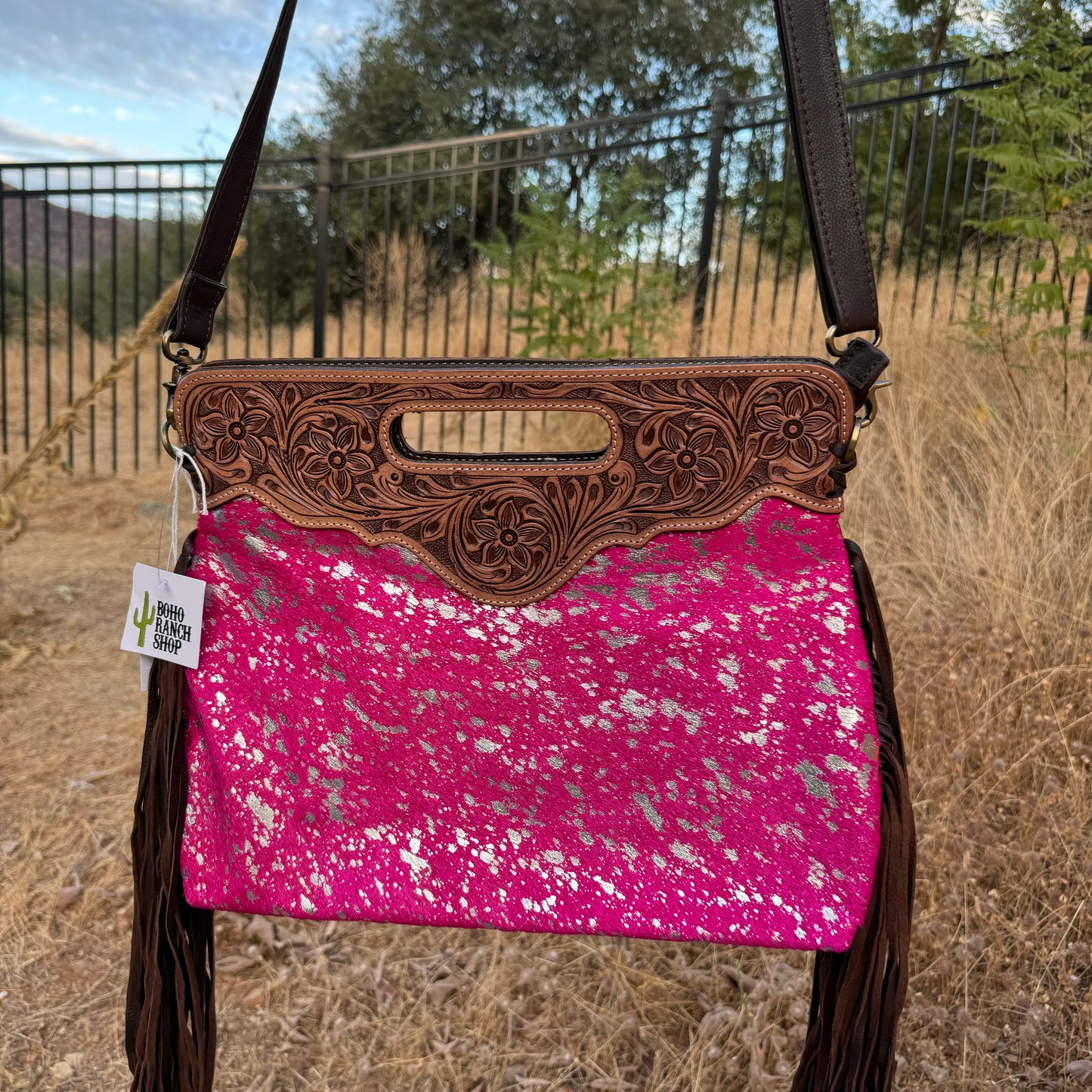 Western Tooled Leather Cowhide Purse With Pink & Silver Specs