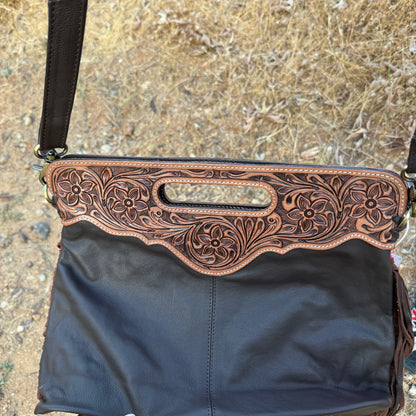 Western Tooled Leather Cowhide Purse With Pink & Silver Specs