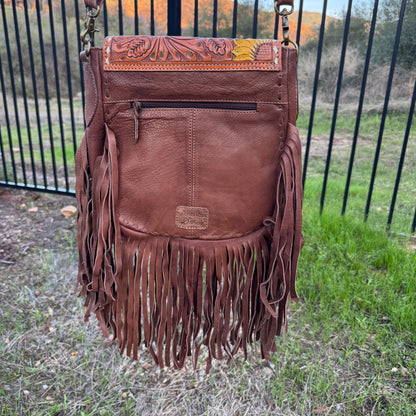 Large American Darling Genuine Leather & Cowhide Cactus Fringe Purse