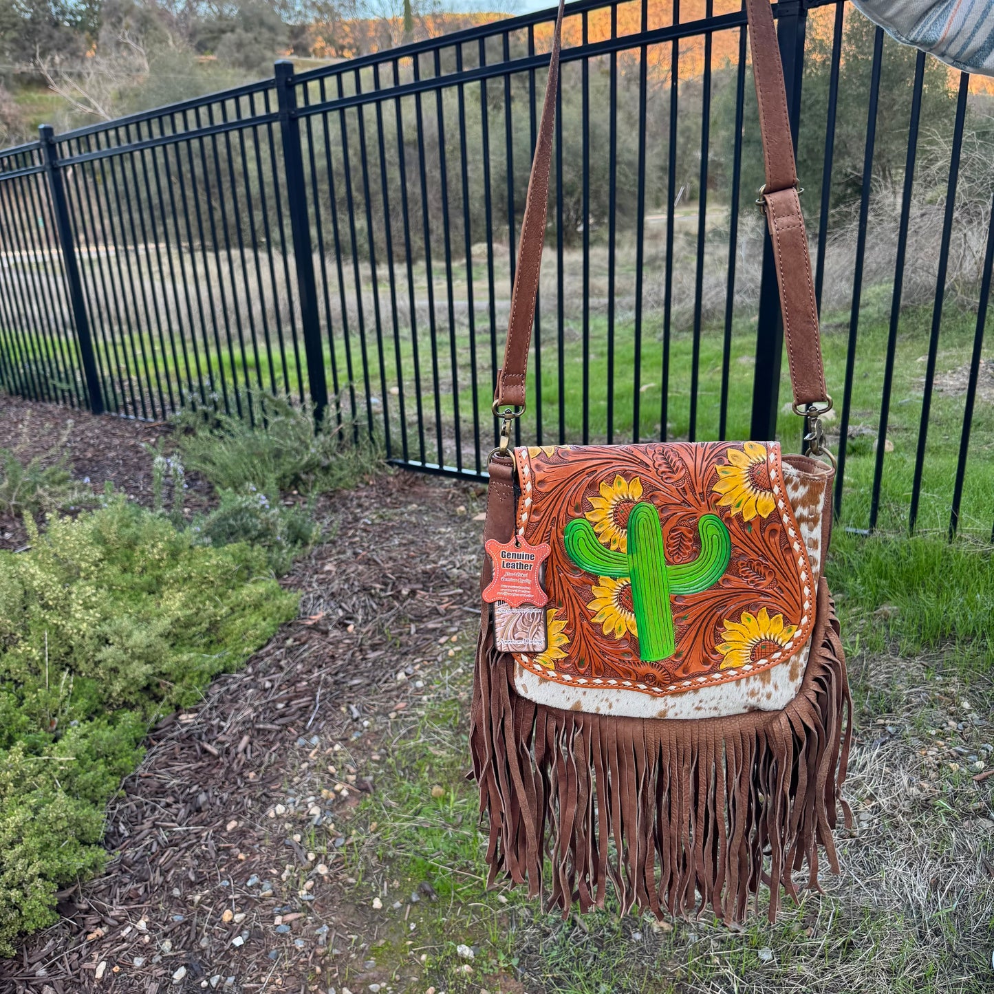 Large American Darling Genuine Leather & Cowhide Cactus Fringe Purse