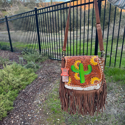 Large American Darling Genuine Leather & Cowhide Cactus Fringe Purse