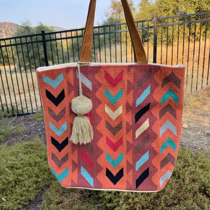 Large Orange Native American Tribal Print Tote Handbag