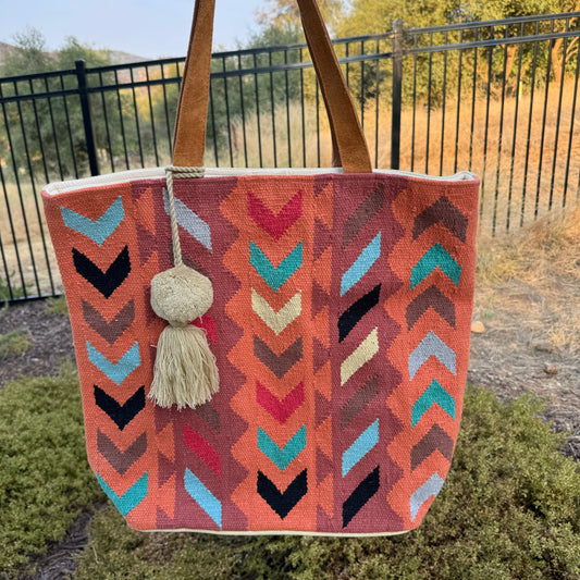 Large Orange Native American Tribal Print Tote Handbag