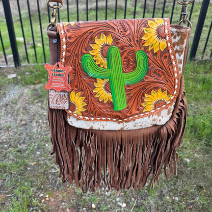 Large American Darling Genuine Leather & Cowhide Cactus Fringe Purse