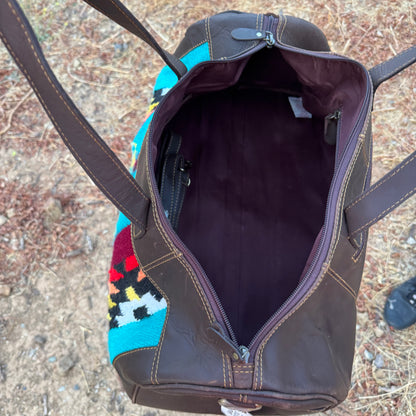 Genuine Leather Turquoise Tribal Print Duffel Bag