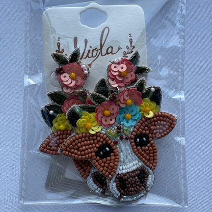 Floral Cow Country Beaded Earrings