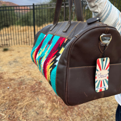 Genuine Leather Turquoise Tribal Print Duffel Bag