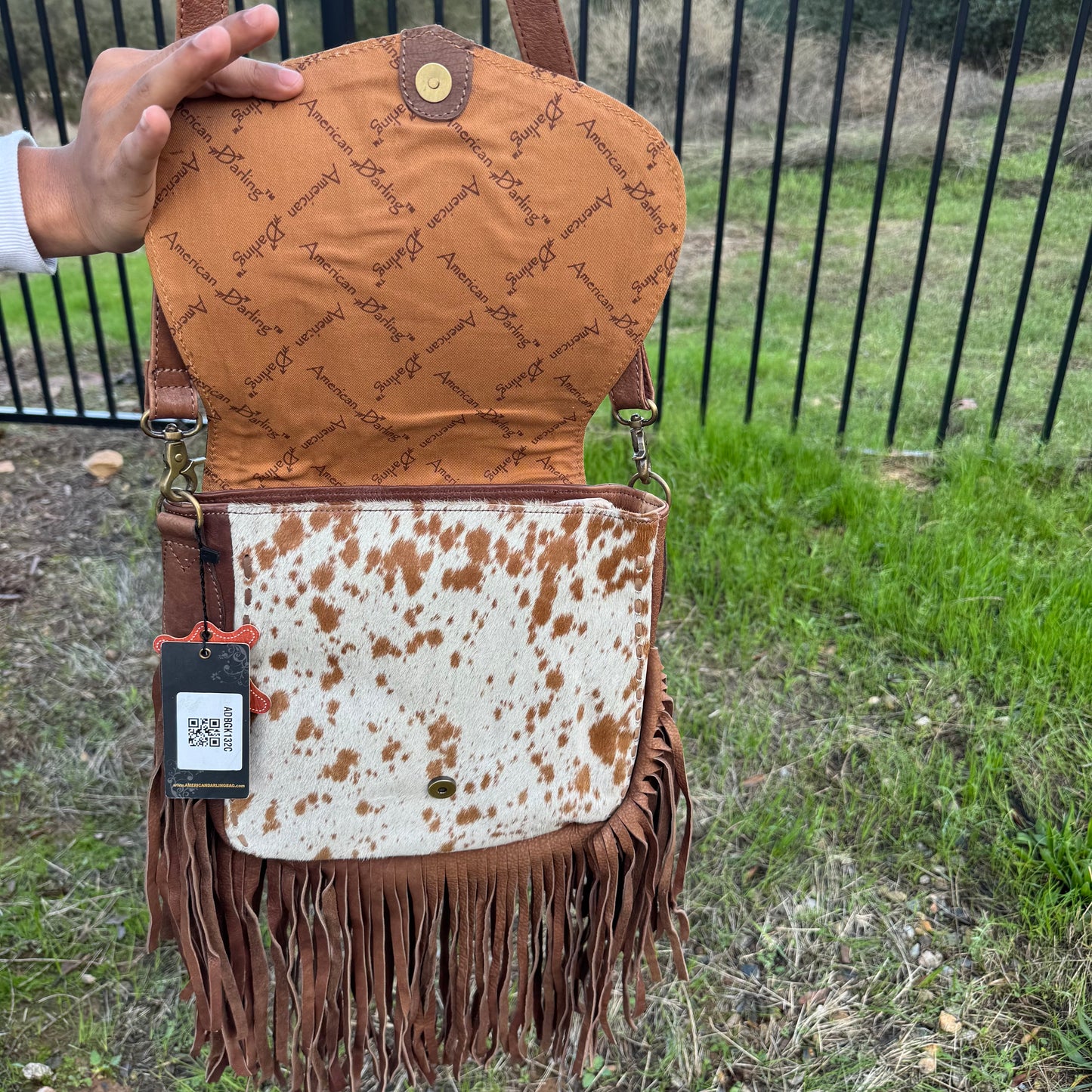 Large American Darling Genuine Leather & Cowhide Cactus Fringe Purse