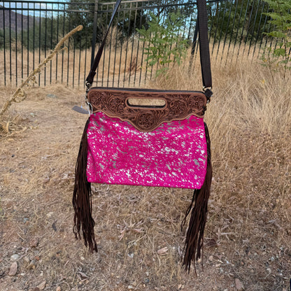 Western Tooled Leather Cowhide Purse With Pink & Silver Specs