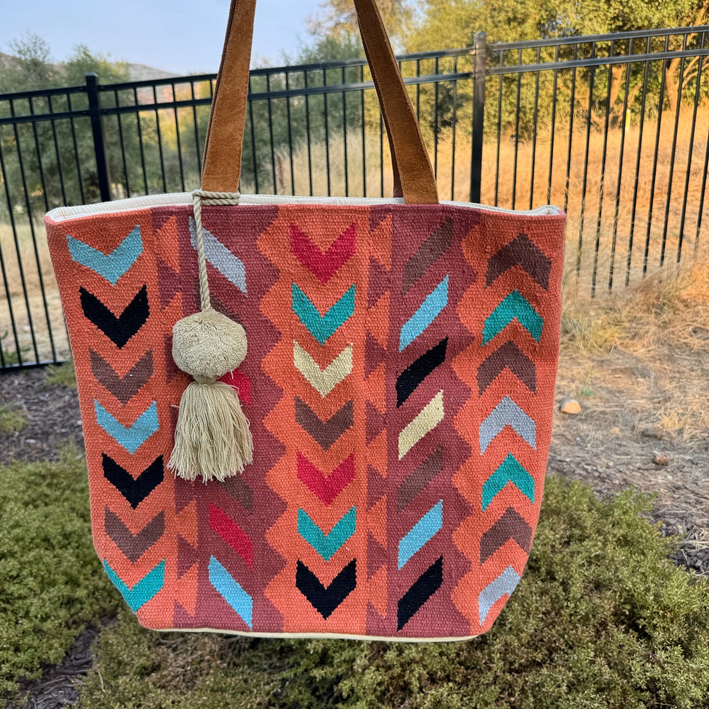 Large Orange Native American Tribal Print Tote Handbag