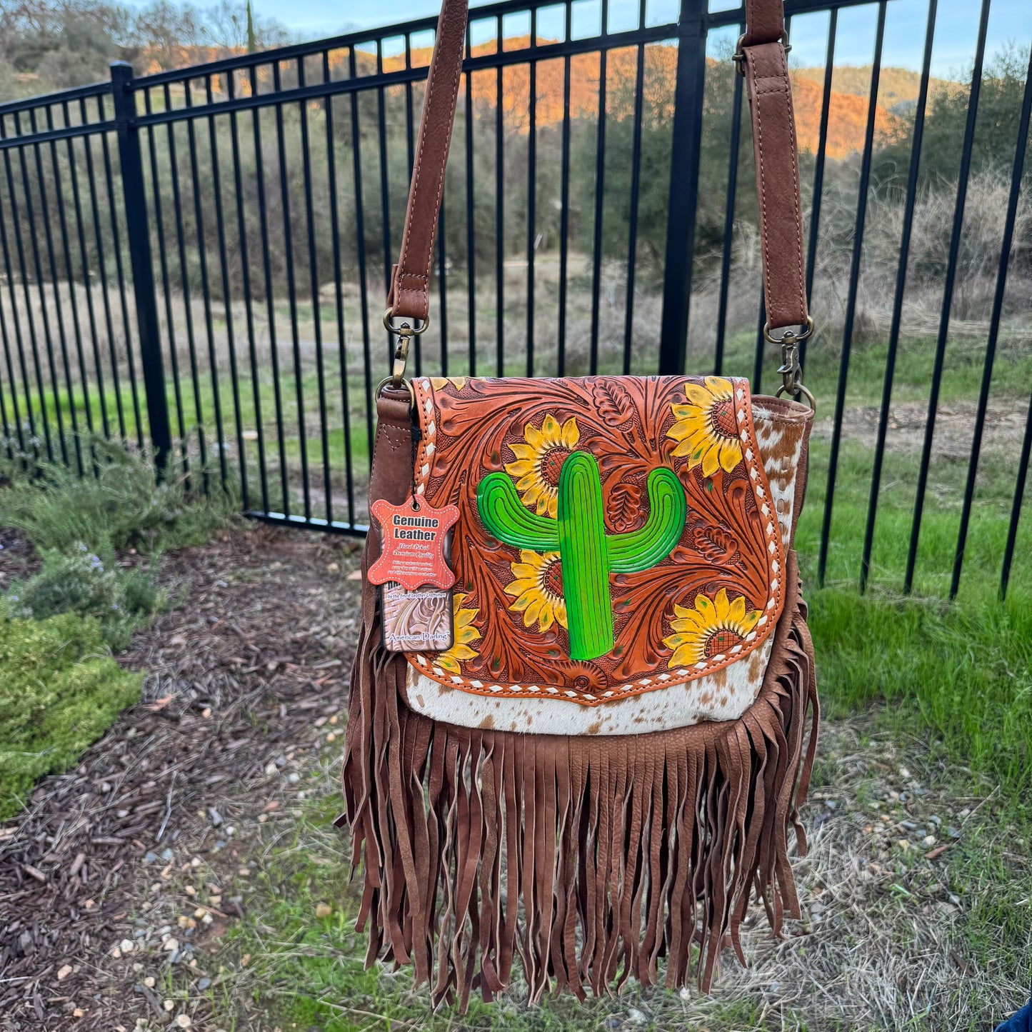 Large American Darling Genuine Leather & Cowhide Cactus Fringe Purse