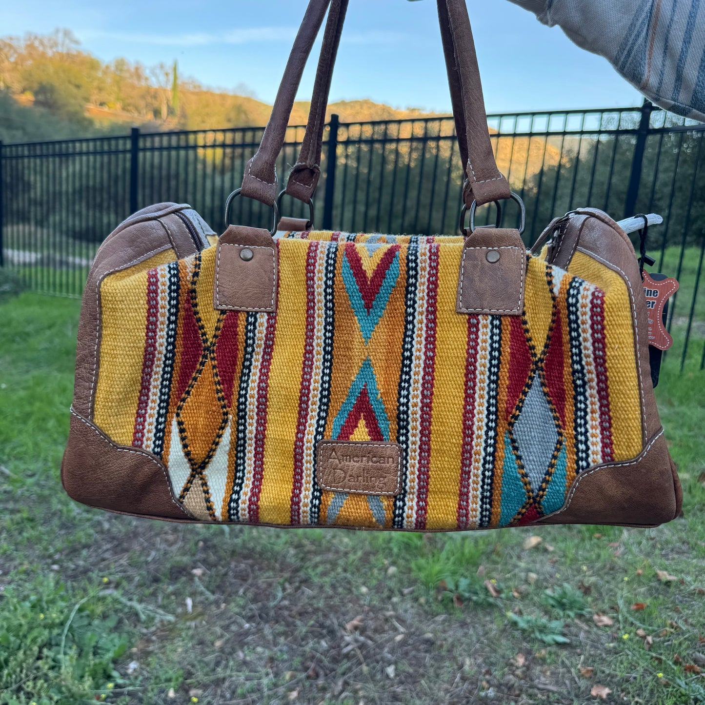 American Darling Genuine Leather Yellow Tribal Print Duffle Bag