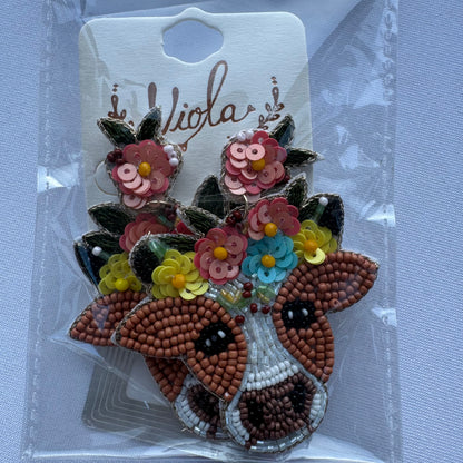Floral Cow Country Beaded Earrings