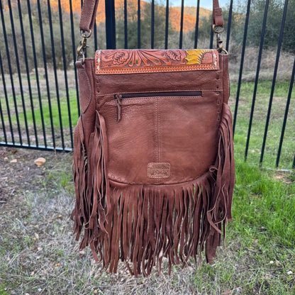 Large American Darling Genuine Leather & Cowhide Cactus Fringe Purse