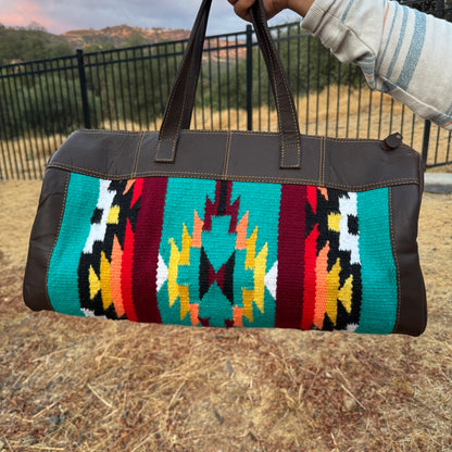 Genuine Leather Turquoise Tribal Print Duffel Bag