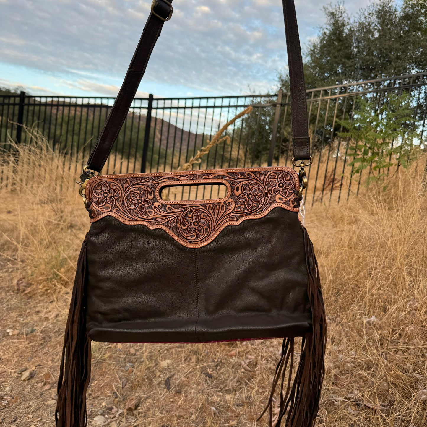 Western Tooled Leather Cowhide Purse With Pink & Silver Specs