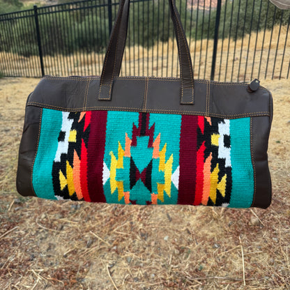 Genuine Leather Turquoise Tribal Print Duffel Bag