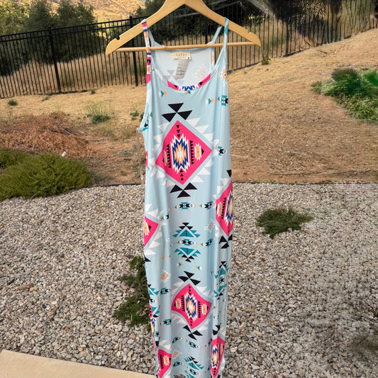 Blue & Pink Tribal Print Aztec Maxi Dress