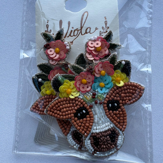 Floral Cow Country Beaded Earrings