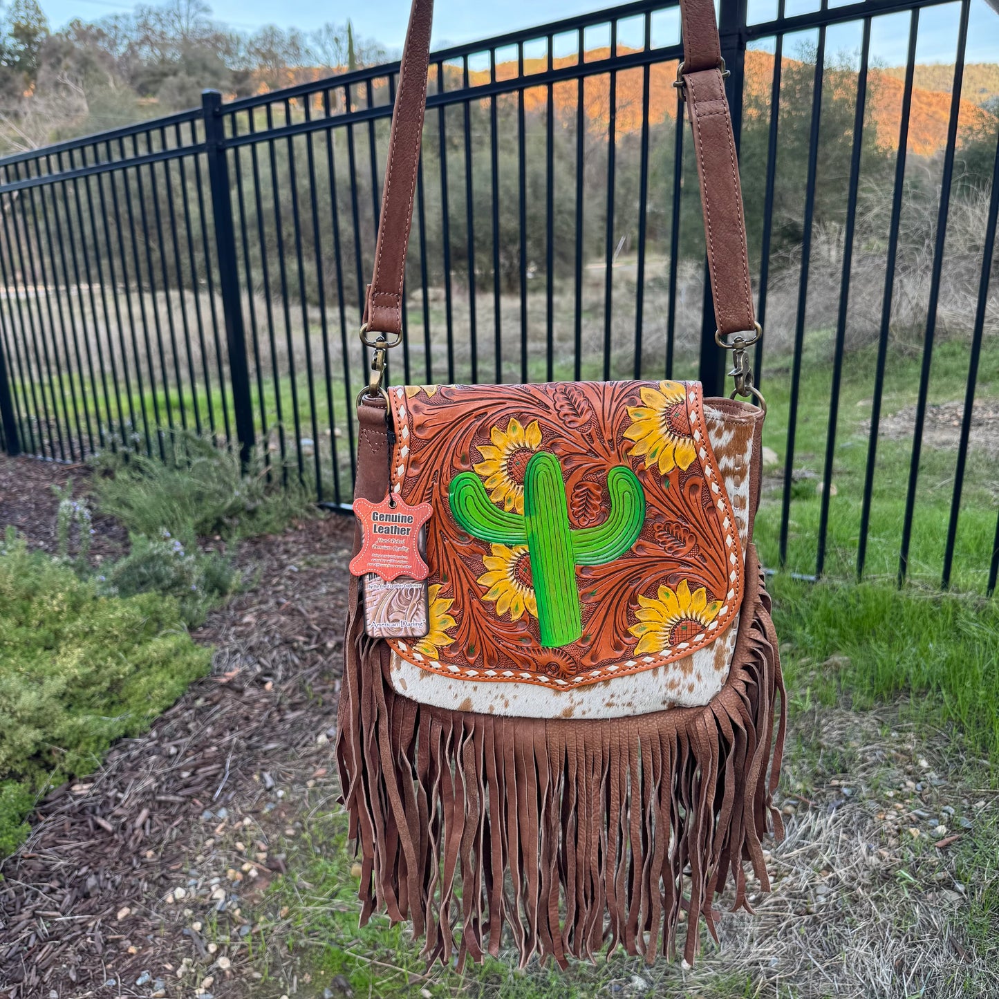 Large American Darling Genuine Leather & Cowhide Cactus Fringe Purse
