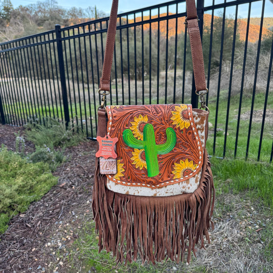 Large American Darling Genuine Leather & Cowhide Cactus Fringe Purse