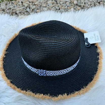 Frayed Trim Black Aztec Straw Hat