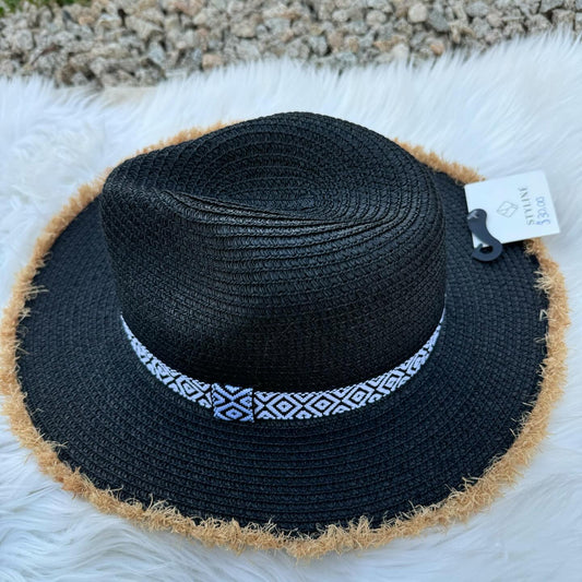 Frayed Trim Black Aztec Straw Hat