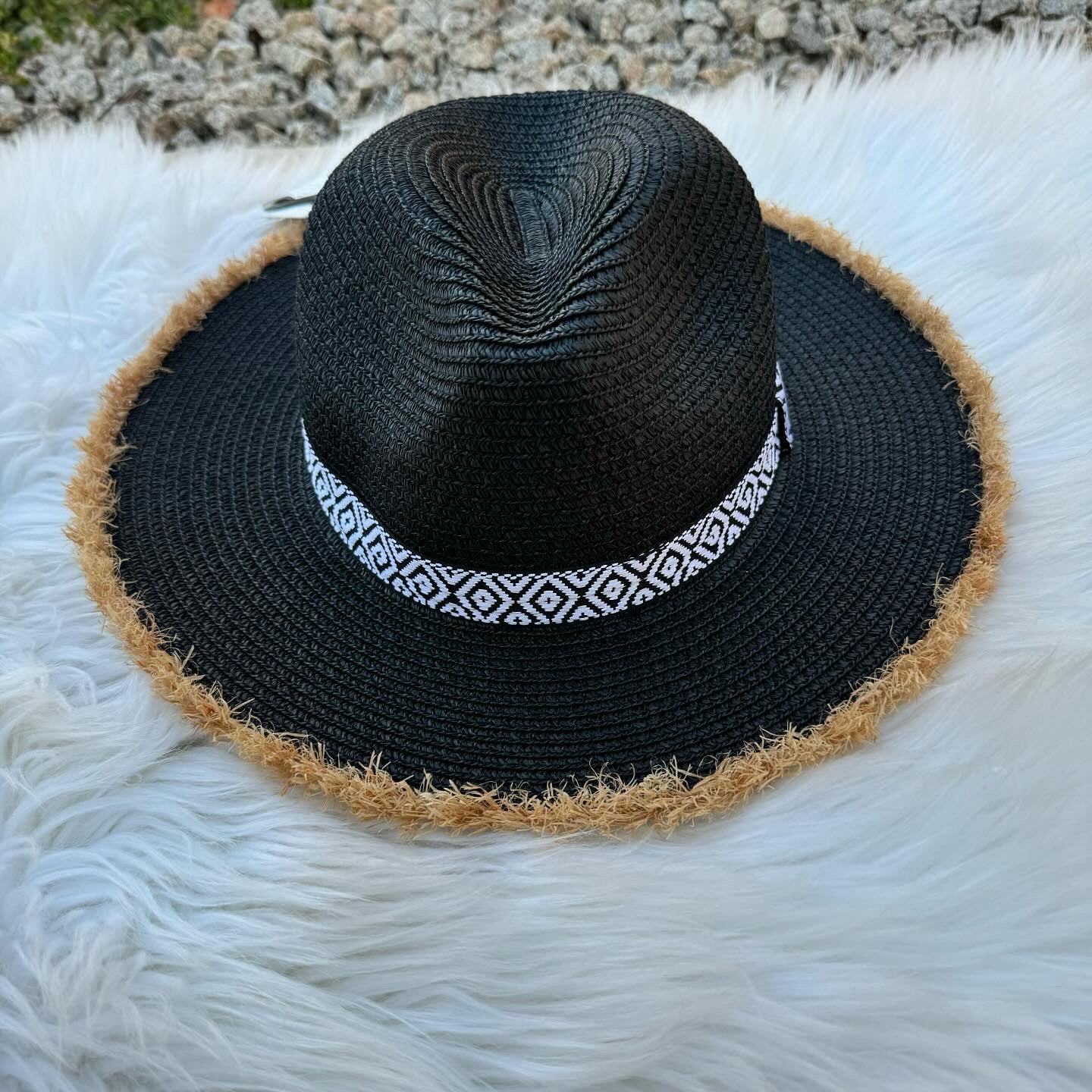 Frayed Trim Black Aztec Straw Hat