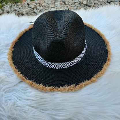 Frayed Trim Black Aztec Straw Hat